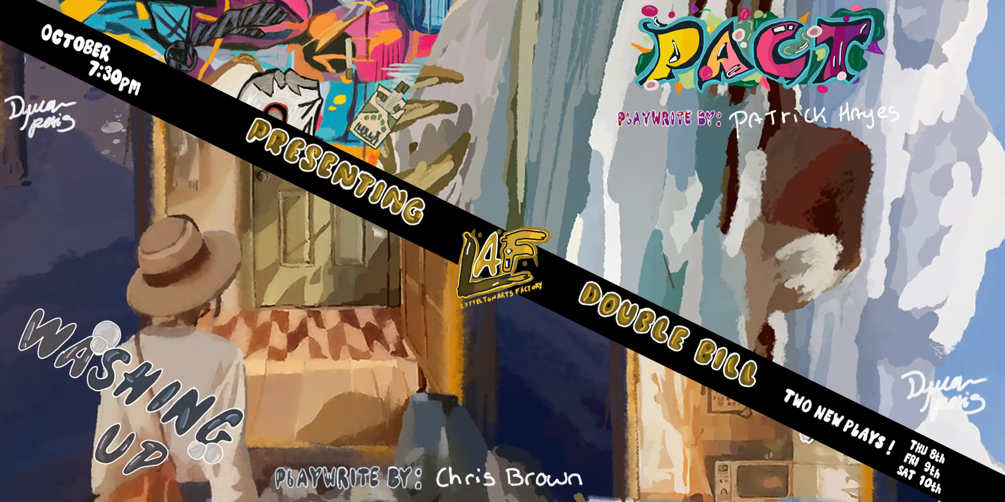 Poster for PACT (playwrite by Patrick Hayes) and Washing Up (playwrite by Chris Brown). The poster by a local artist gives painting-style interpretations of both plays.